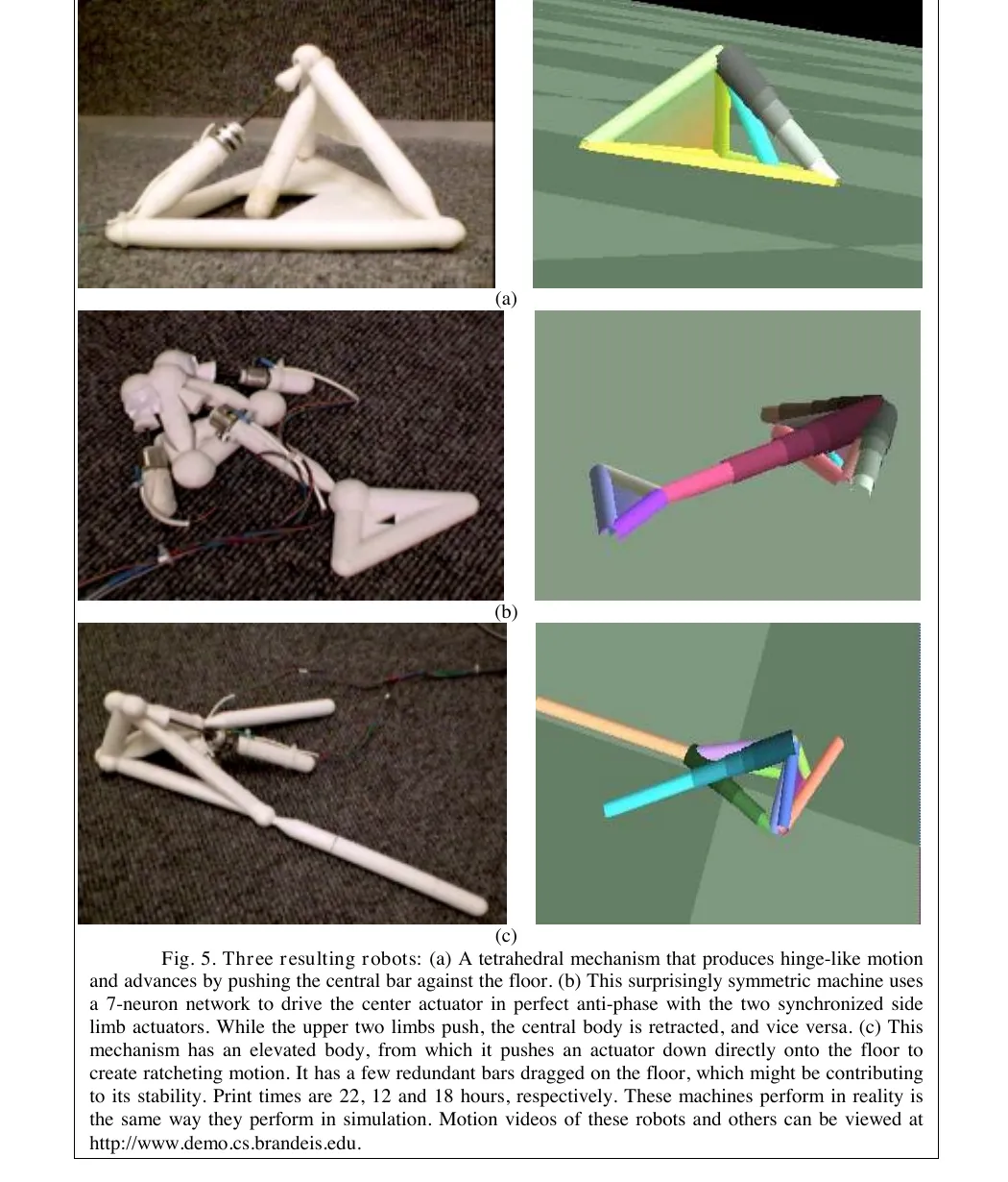 Primary-source scan of Lipson and Pollack's Figure 5 showing three resulting robots and their simulated counterparts.